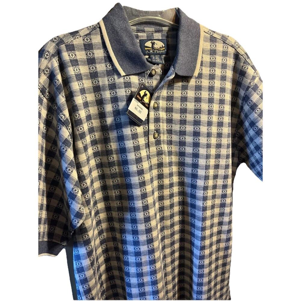 A.M. Player Men’s Medium White Blue Geometric Golf SS Polo Shirt Cotton NWT
